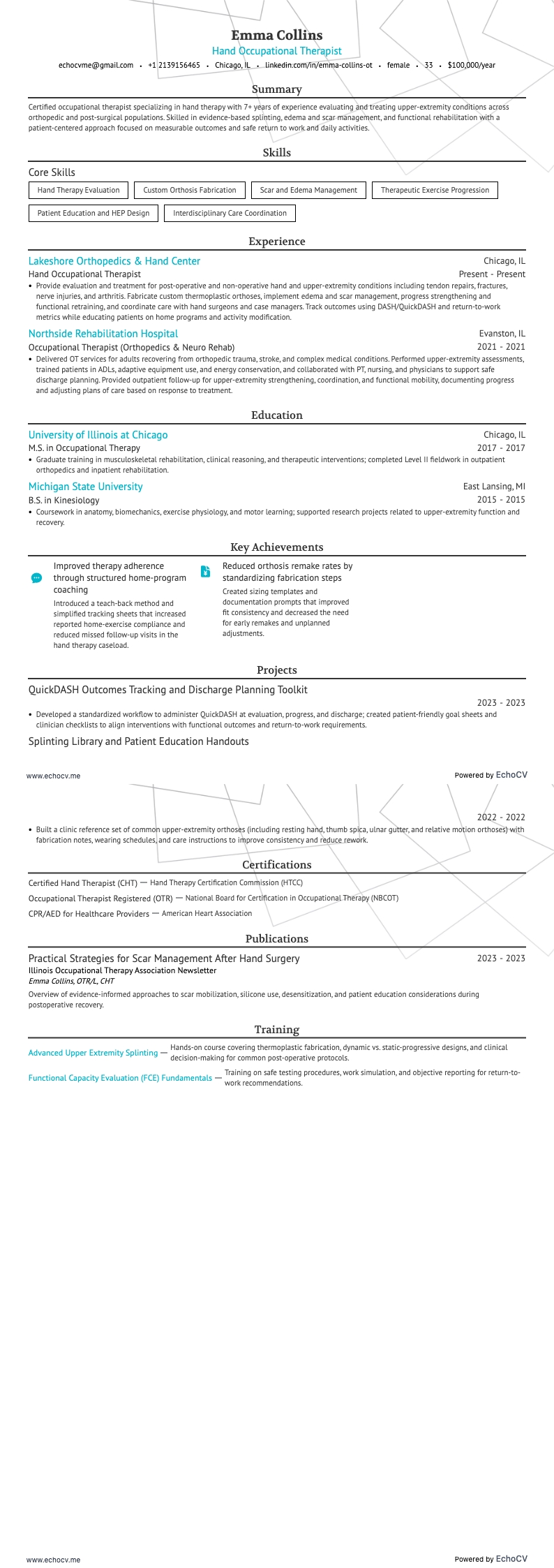 Hand Occupational Therapist example resume