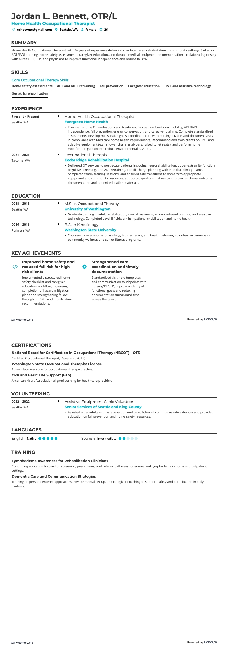Home Health Occupational Therapist example resume