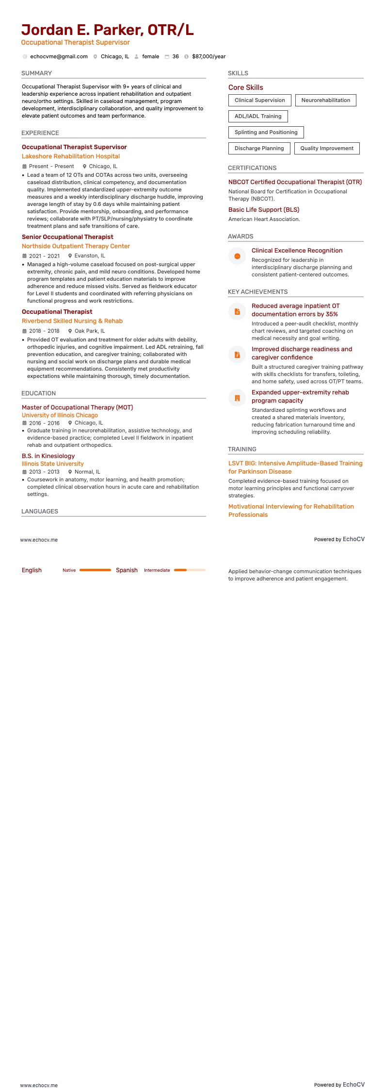 Occupational Therapist Supervisor example resume