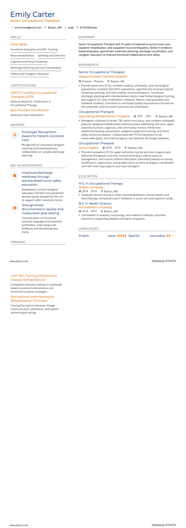 Senior Occupational Therapist example resume