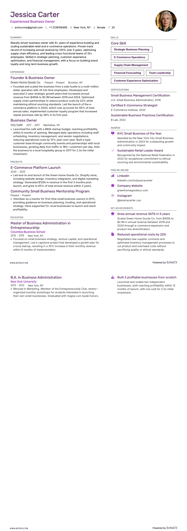 Erfaren företagsägare example resume