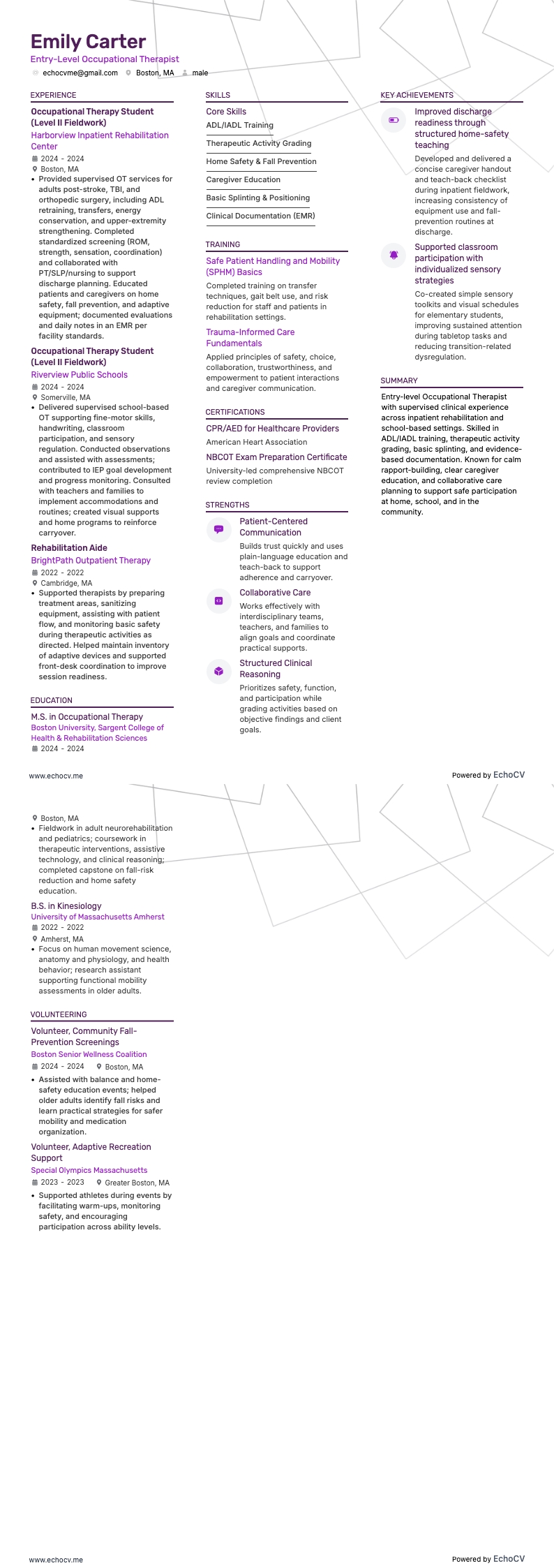 Entry-Level Occupational Therapist example resume