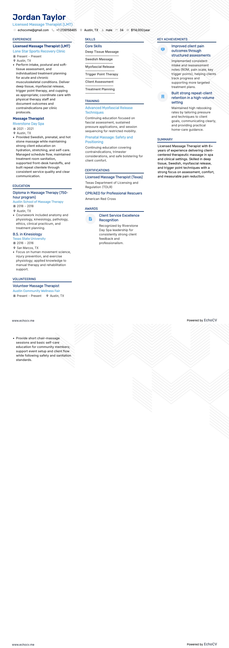 Licensed Massage Therapist (LMT) example resume