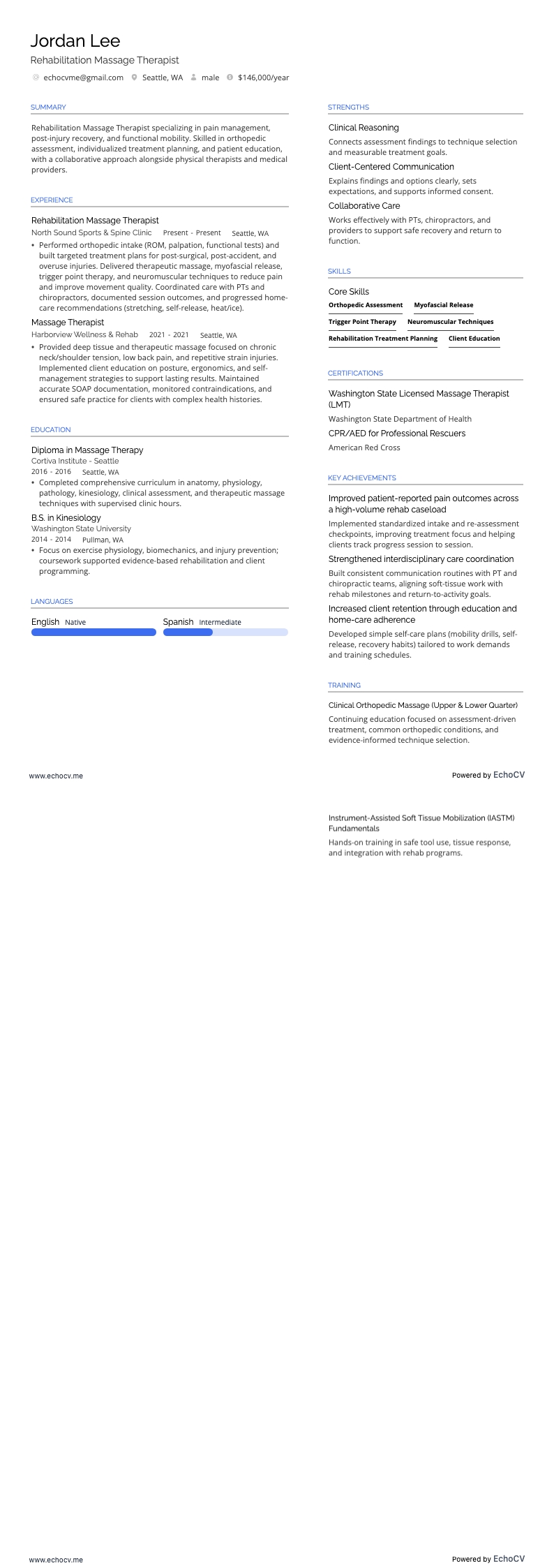 Rehabilitation Massage Therapist example resume