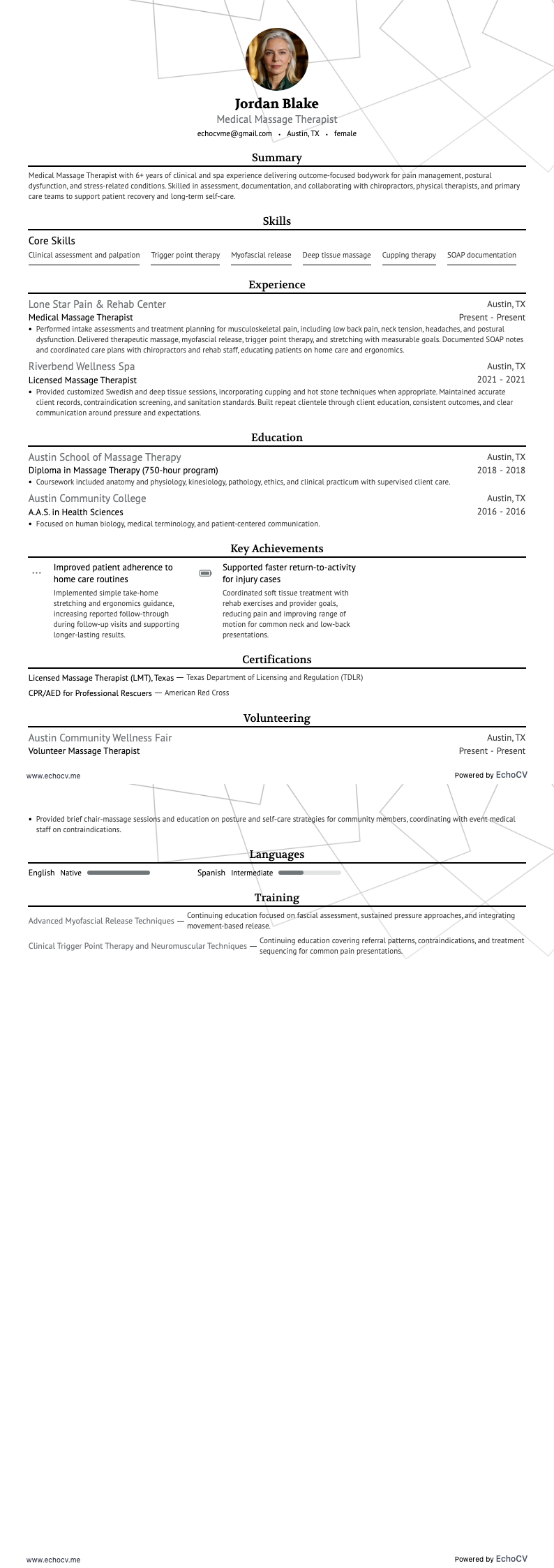 Medical Massage Therapist example resume
