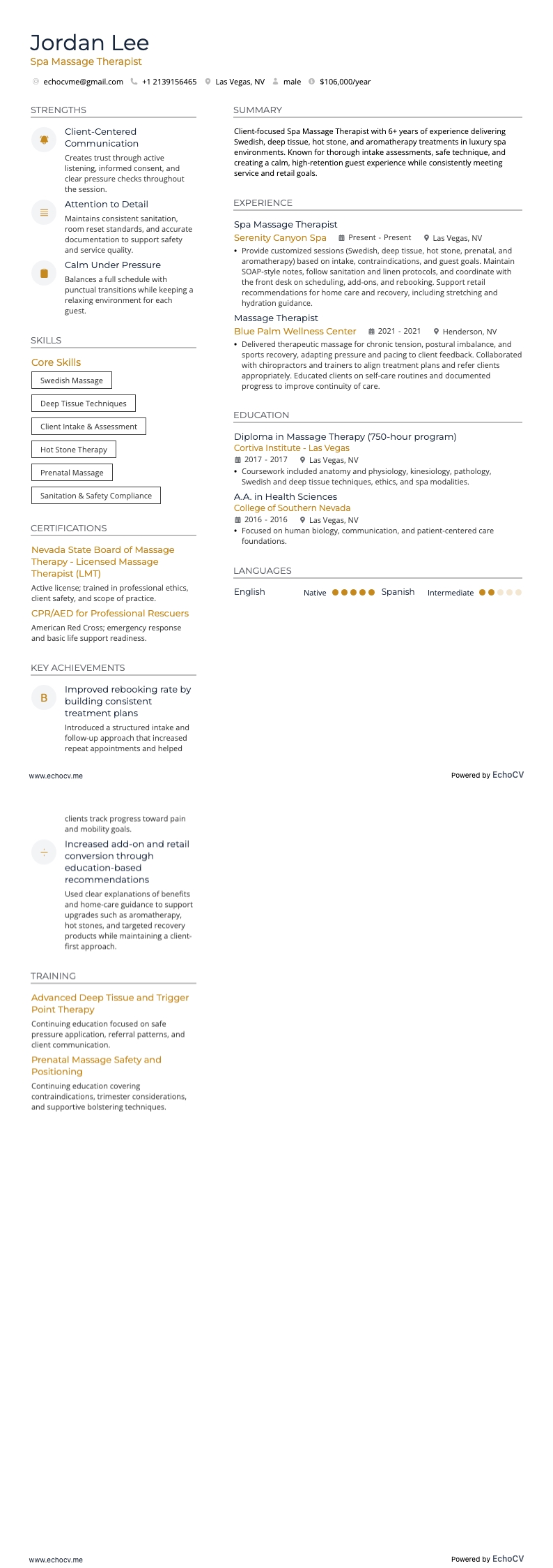 Spa Massage Therapist example resume