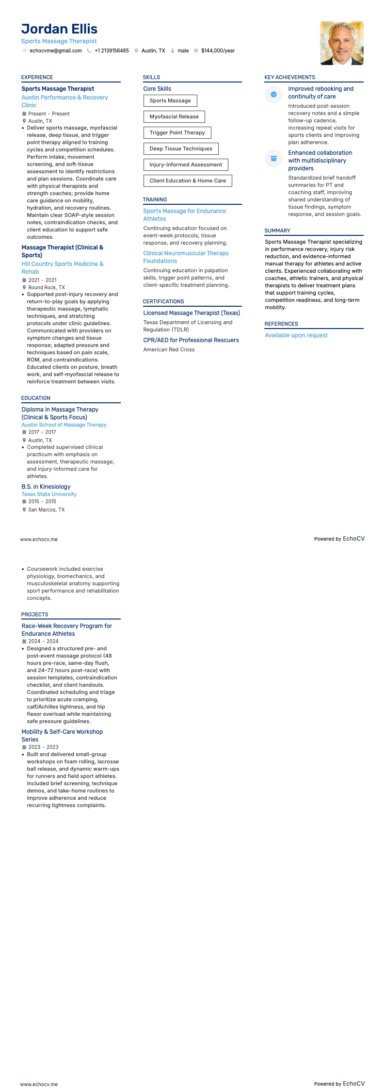 Sports Massage Therapist example resume