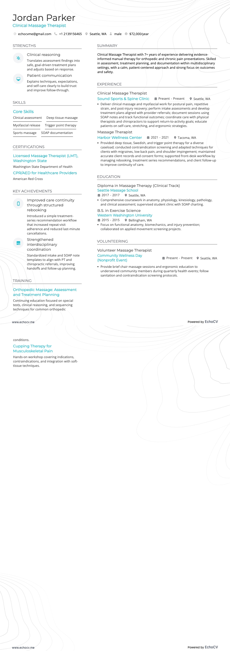 Clinical Massage Therapist example resume