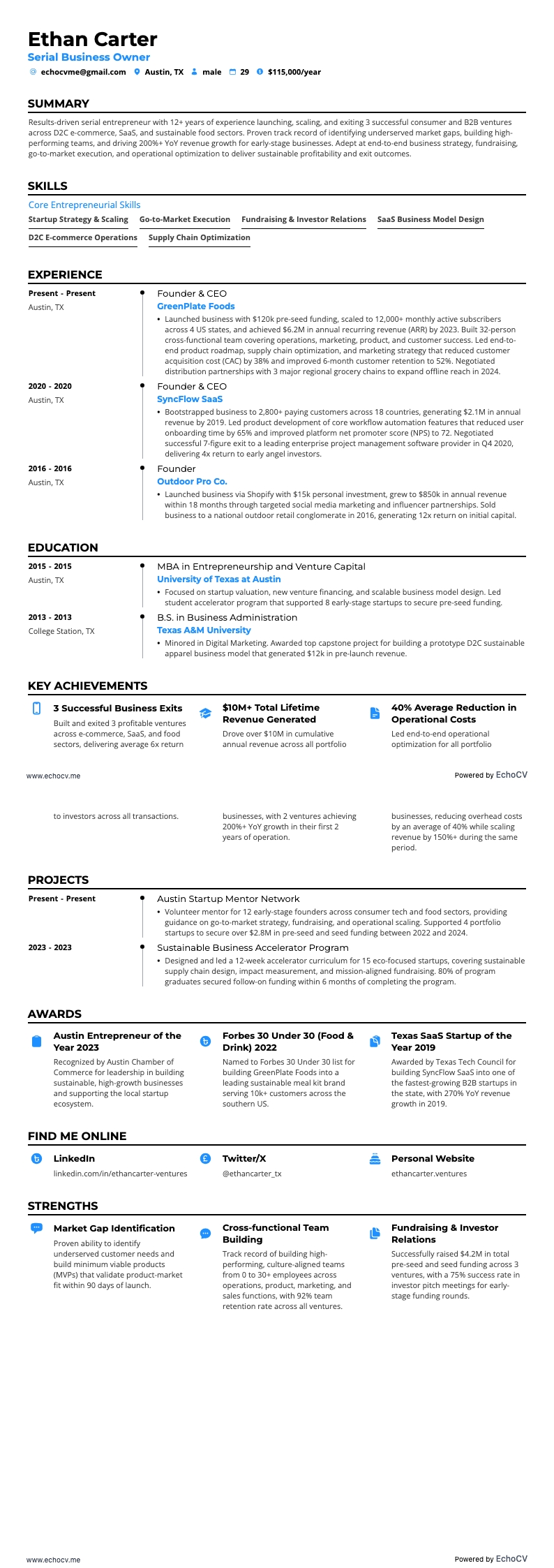 Serieentreprenör example resume