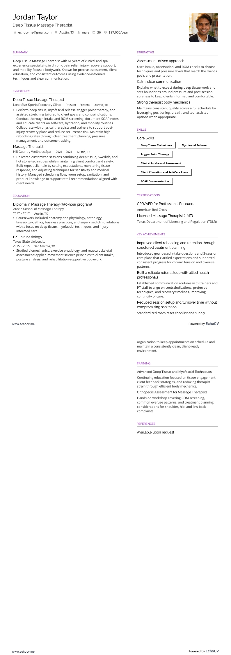 Deep Tissue Massage Therapist example resume
