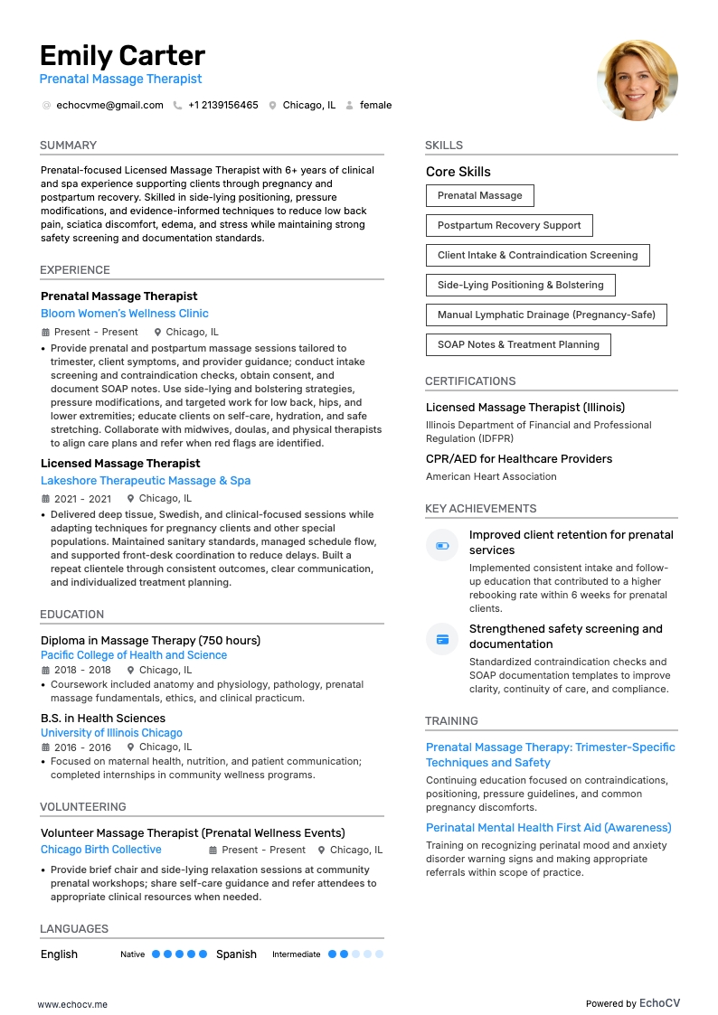 Prenatal Massage Therapist example resume