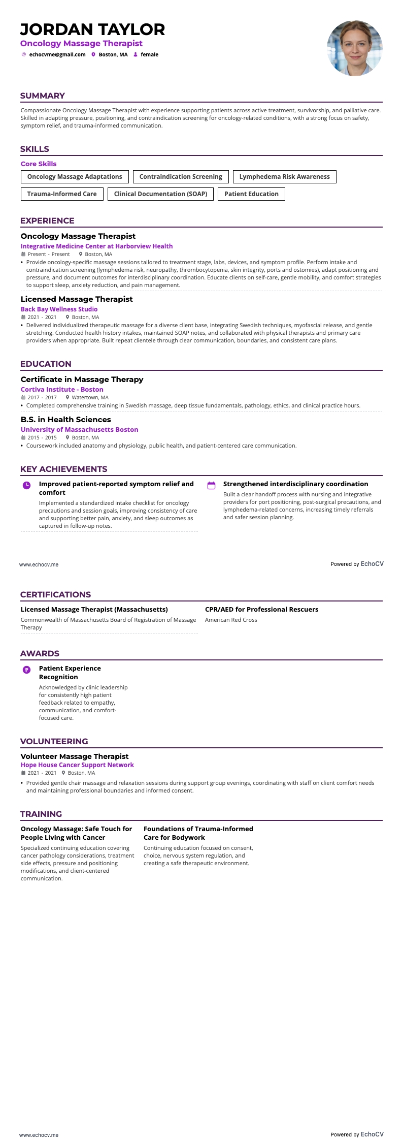 Oncology Massage Therapist example resume
