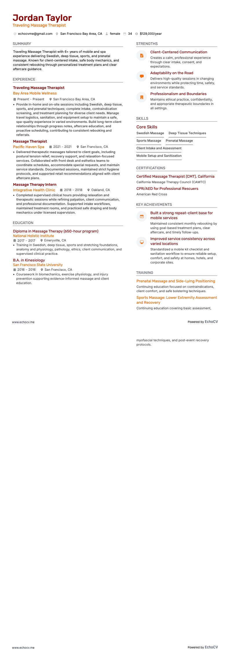 Traveling Massage Therapist example resume