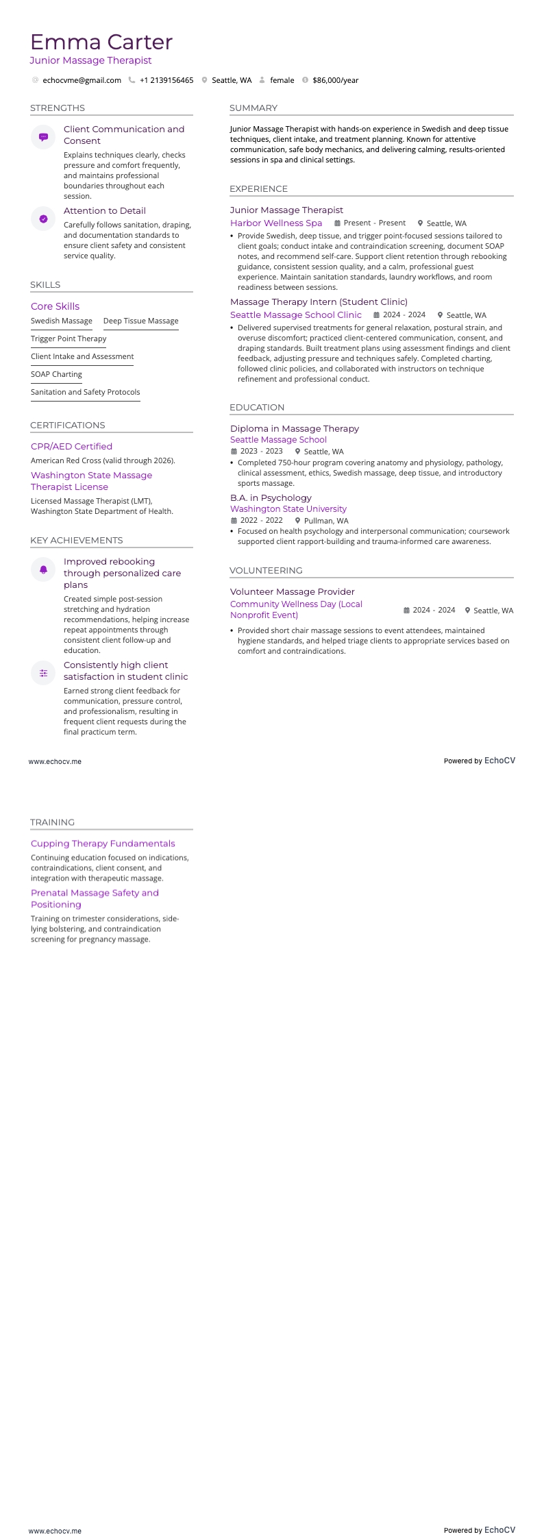 Junior Massage Therapist example resume