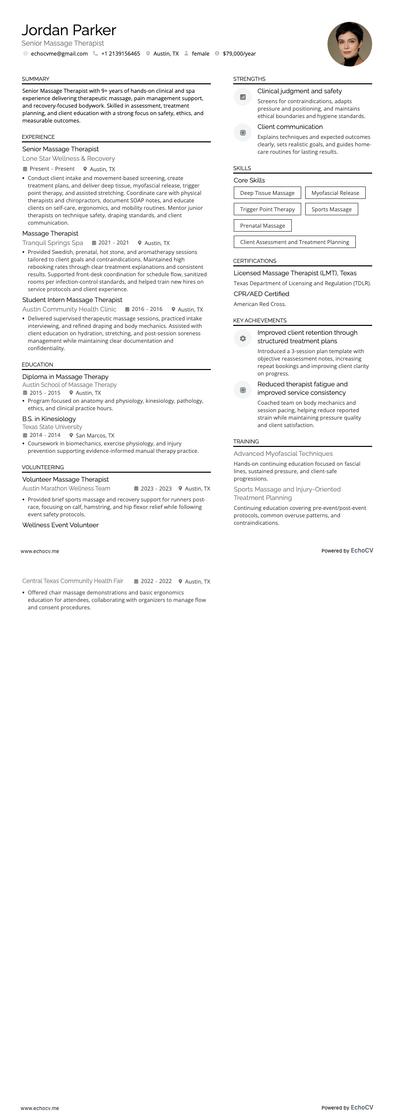 Senior Massage Therapist example resume