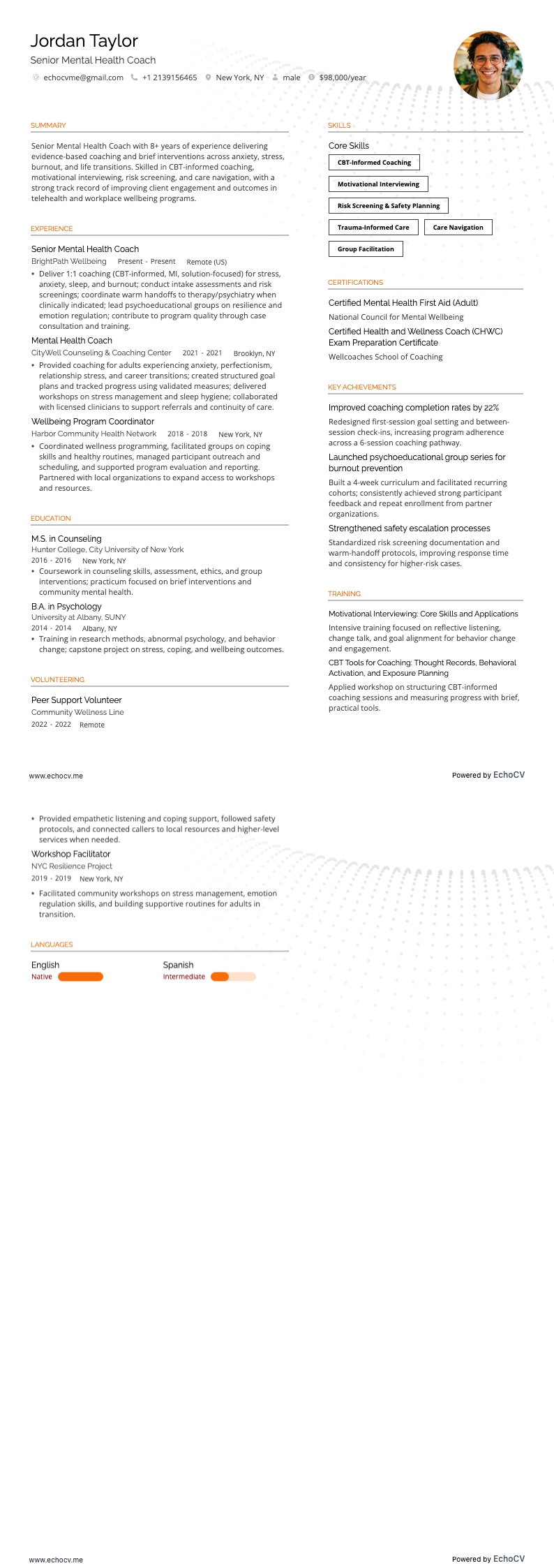 Senior Mental Health Coach example resume