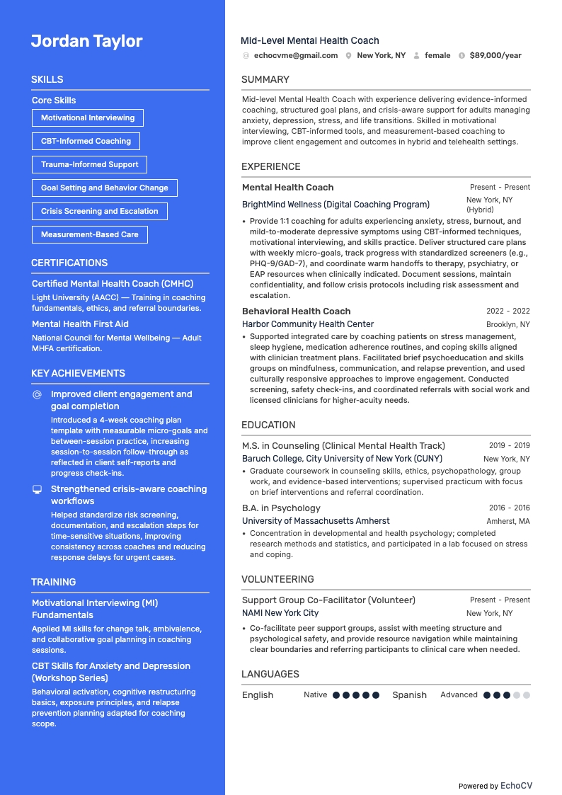 Mid-Level Mental Health Coach example resume