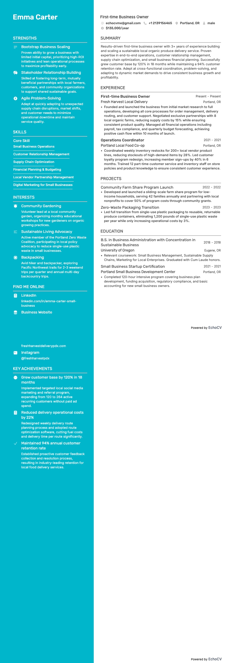 Förstagångsföretagare example resume