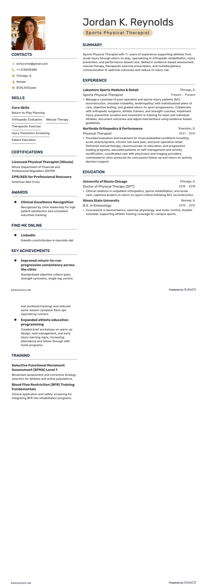 Sports Physical Therapist example resume