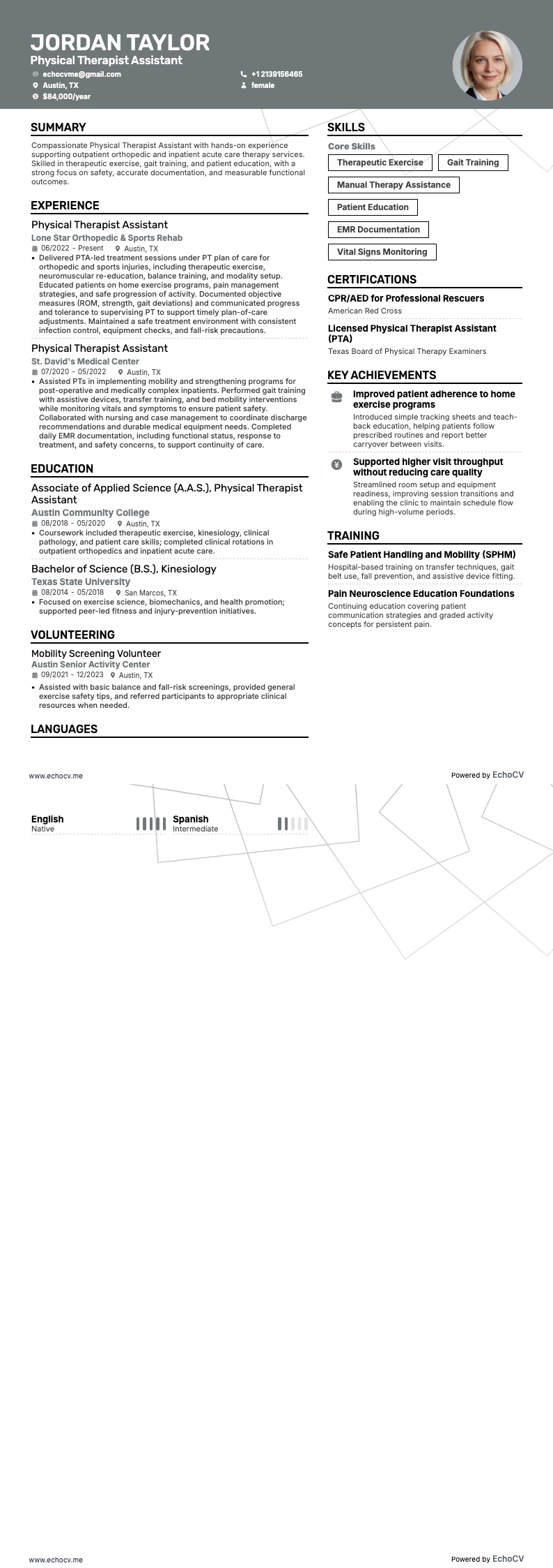 Physical Therapist Assistant example resume