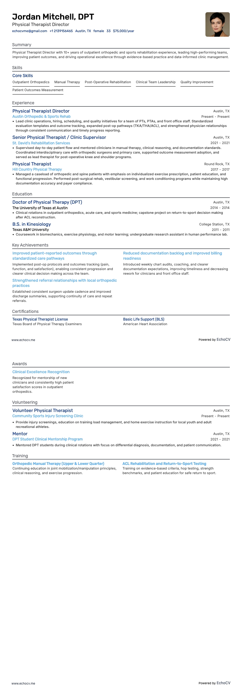 Physical Therapist Director example resume