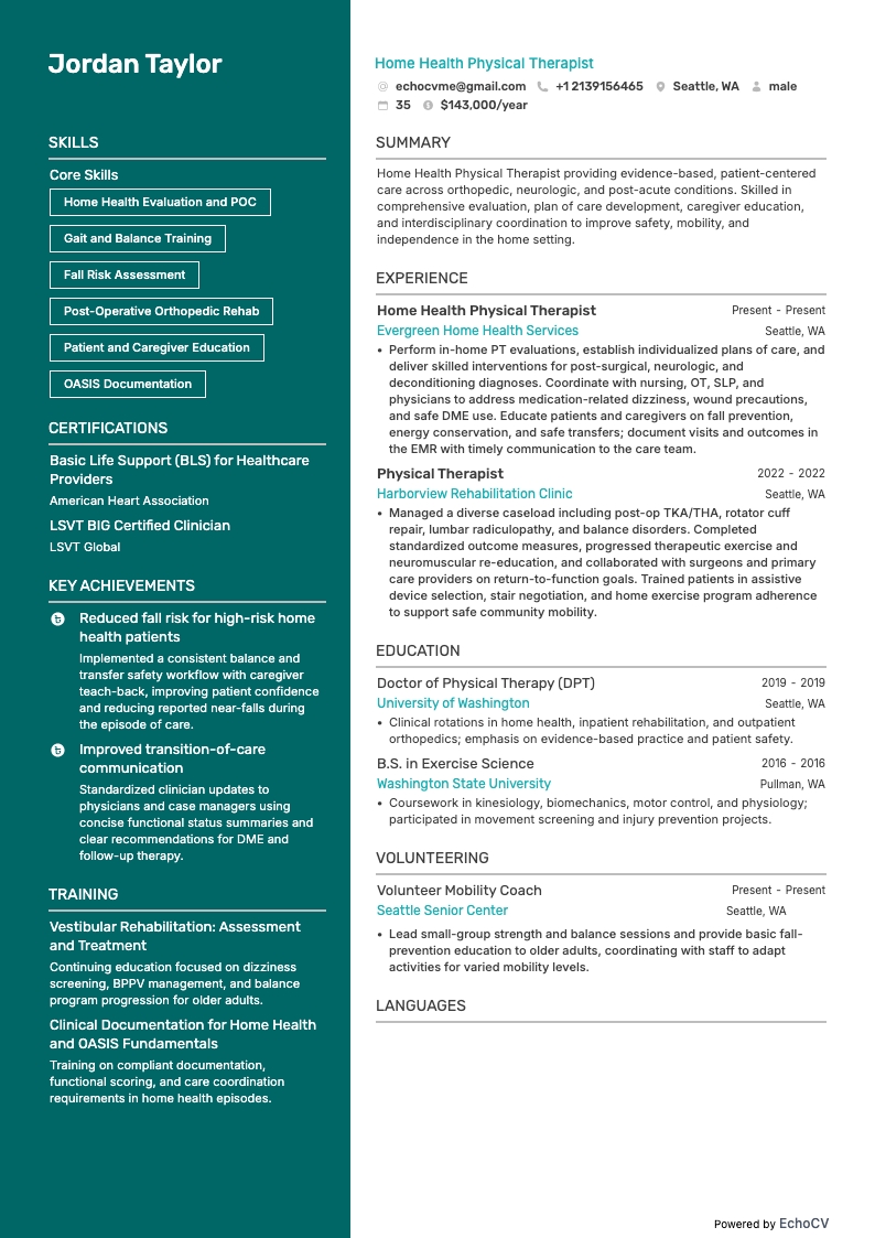 Home Health Physical Therapist example resume