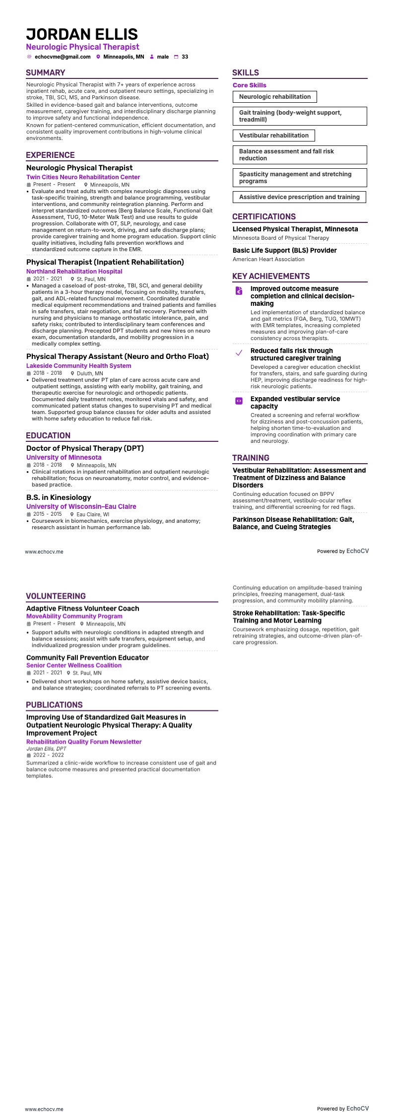 Neurologic Physical Therapist example resume