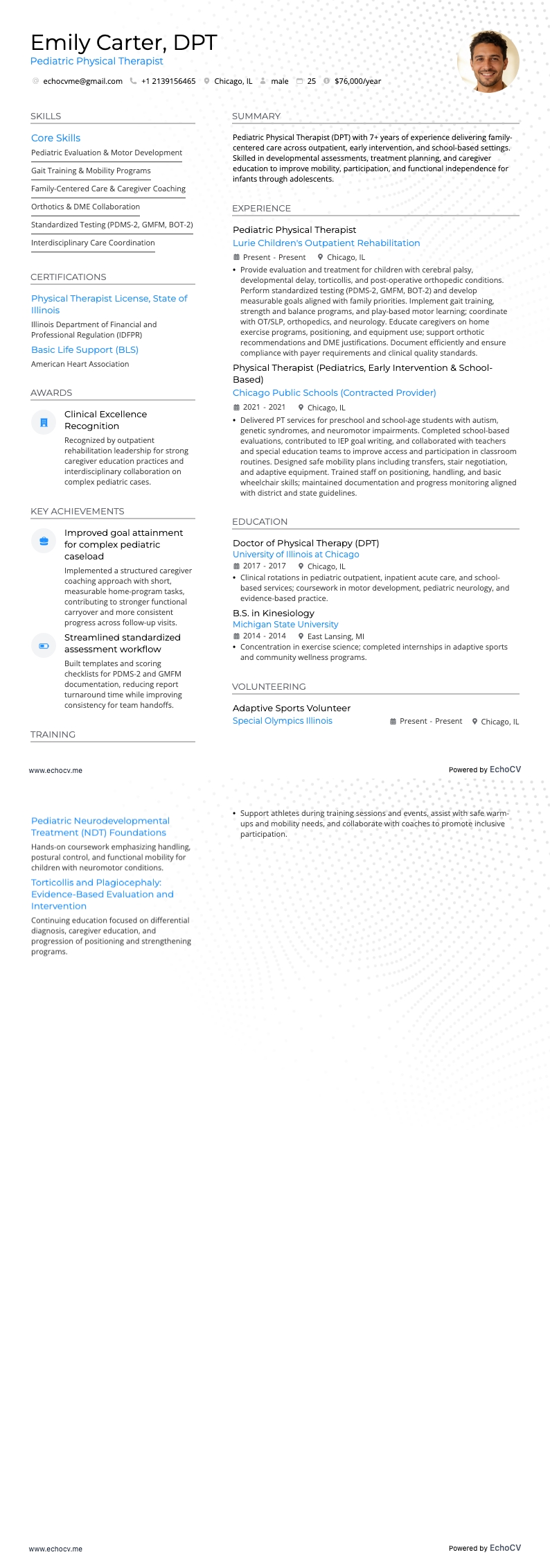 Pediatric Physical Therapist example resume