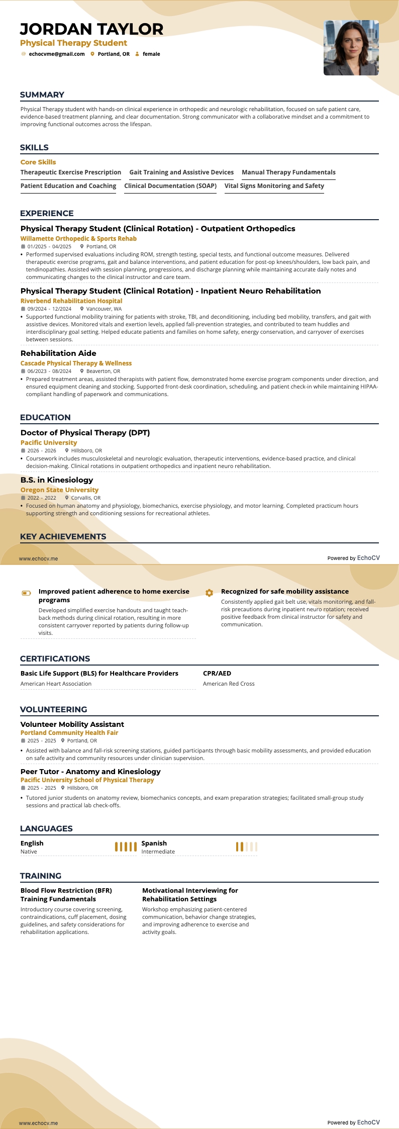 Physical Therapy Student example resume