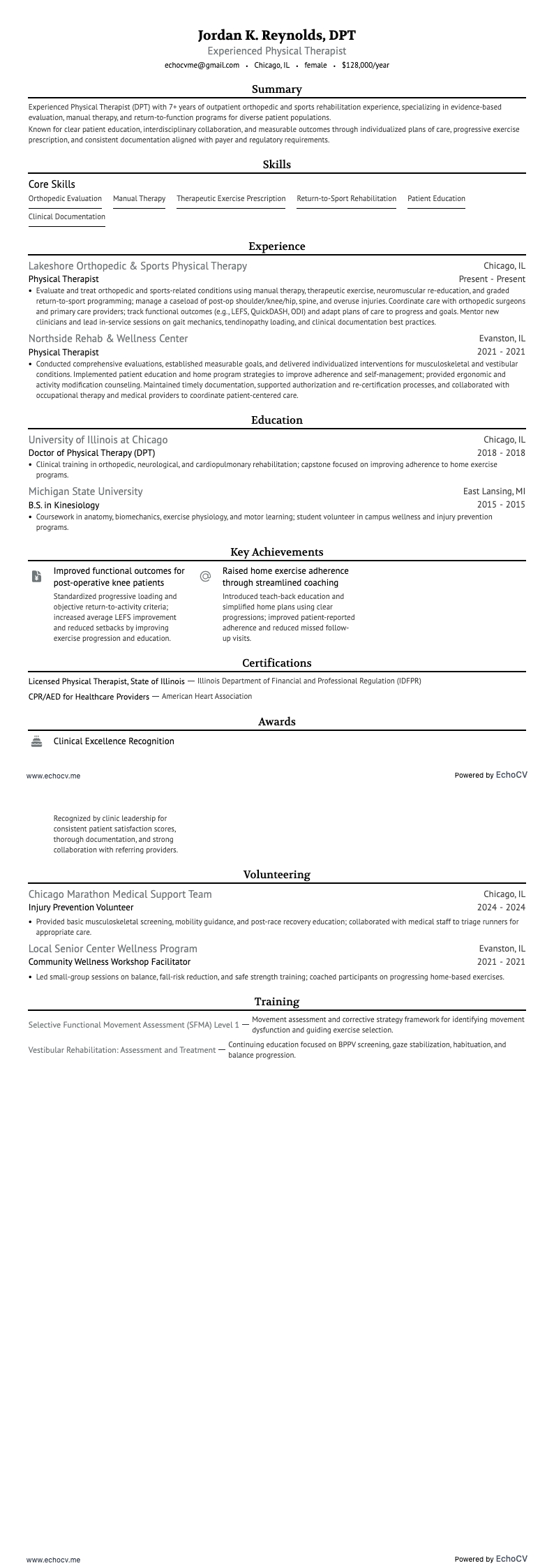 Experienced Physical Therapist example resume