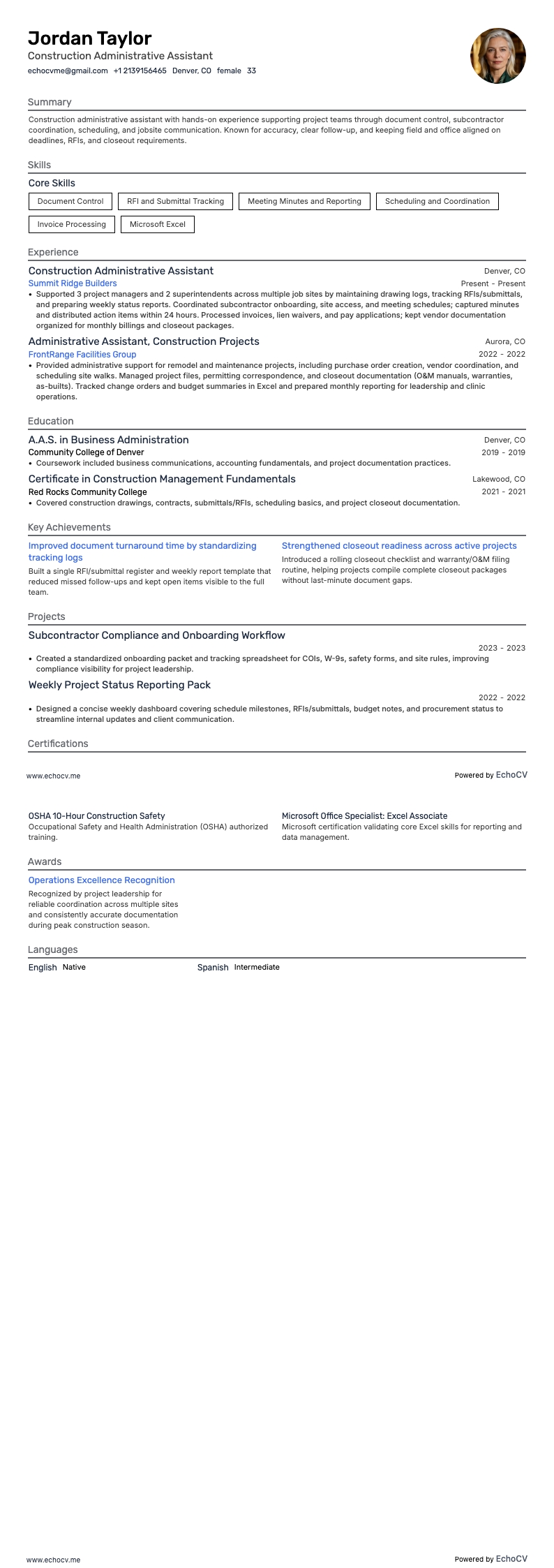 Construction Administrative Assistant example resume