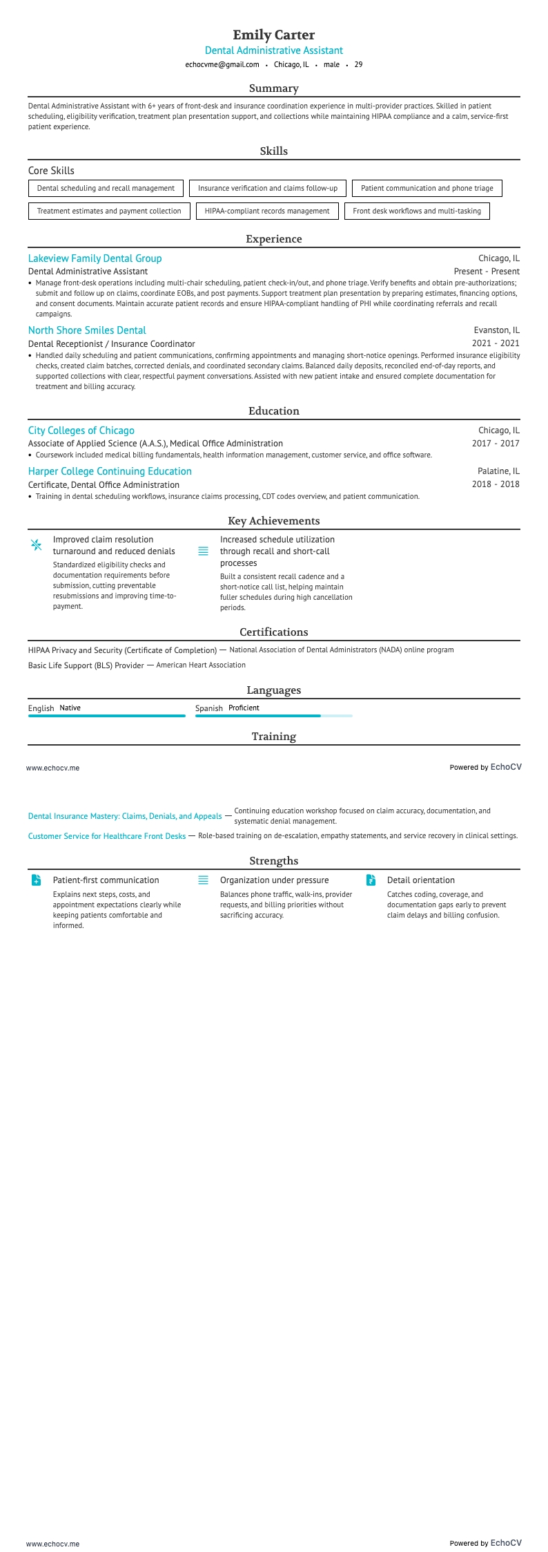 Dental Administrative Assistant example resume
