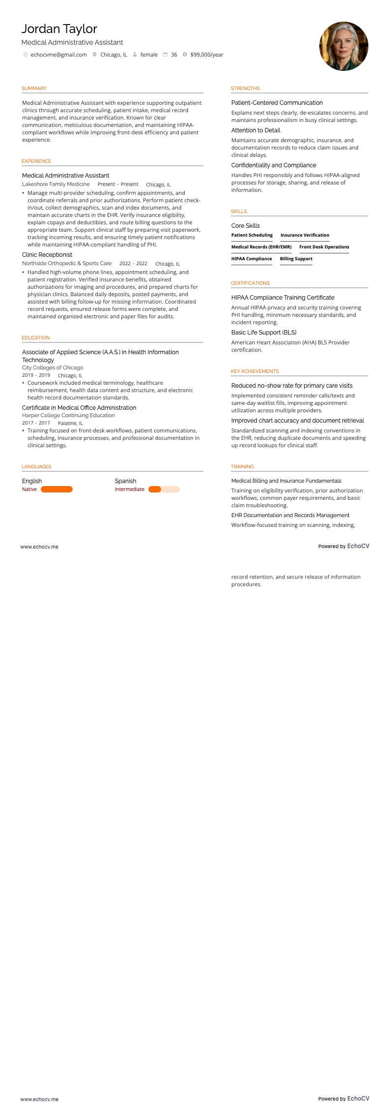 Medical Administrative Assistant example resume