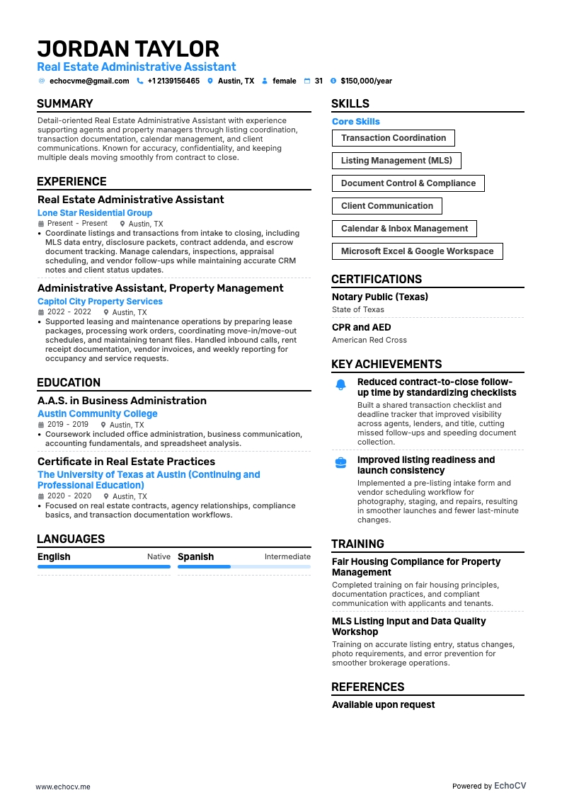 Real Estate Administrative Assistant example resume