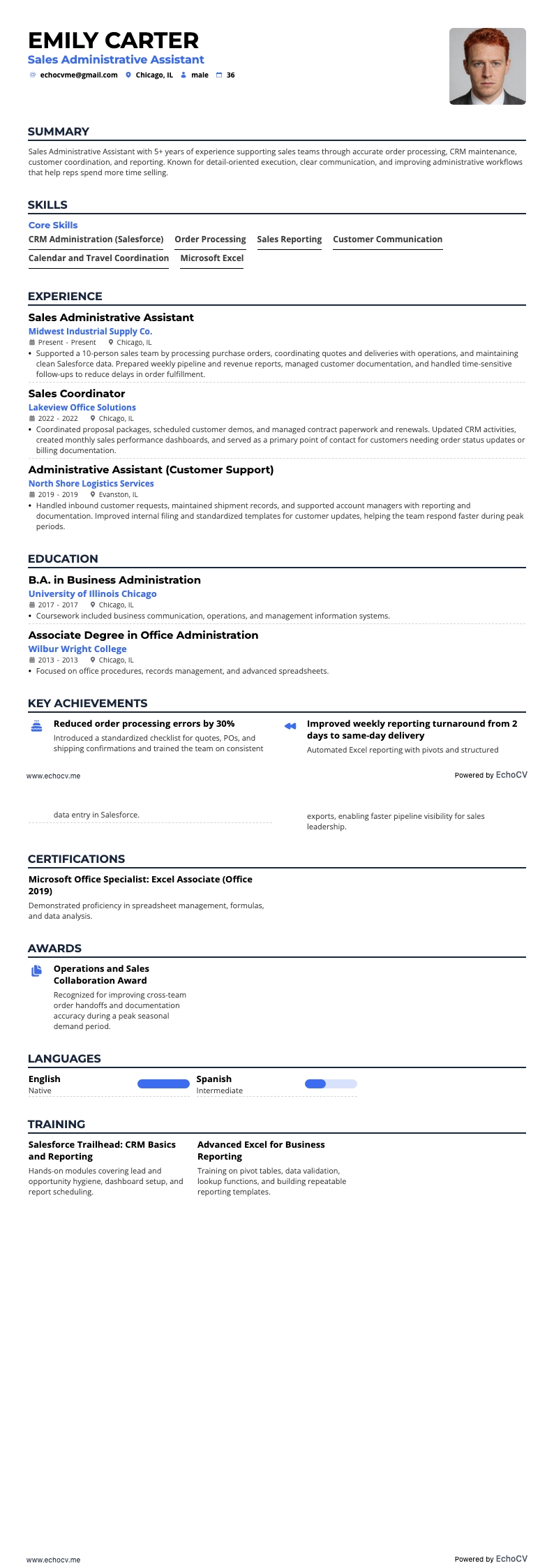 Sales Administrative Assistant example resume