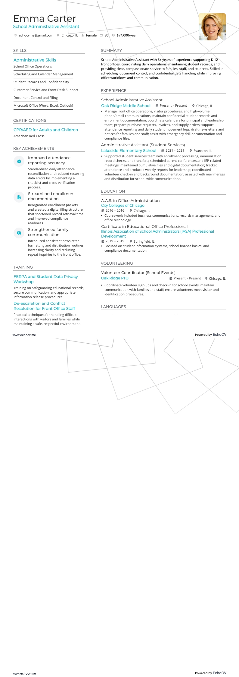 School Administrative Assistant example resume