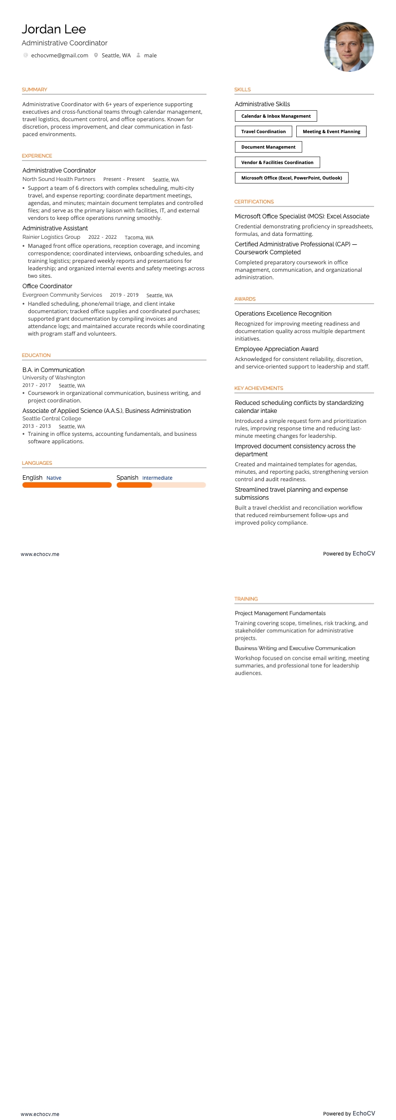 Administratief assistent resume example