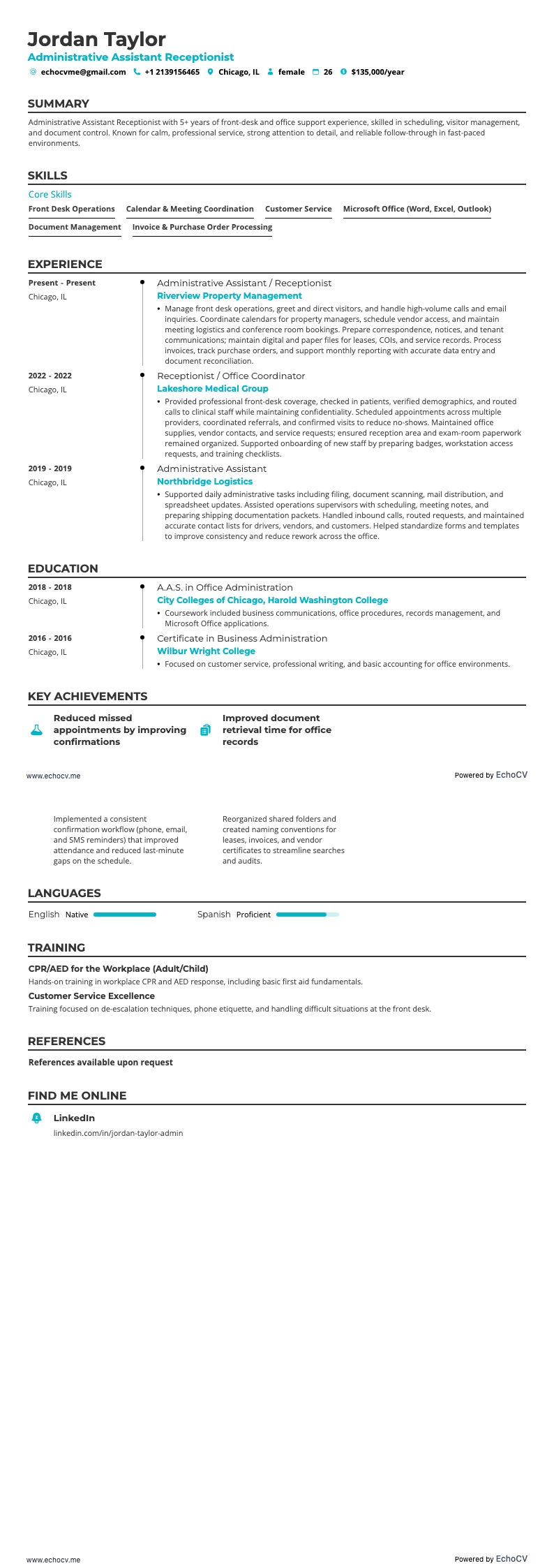 Asistente administrativo resume example