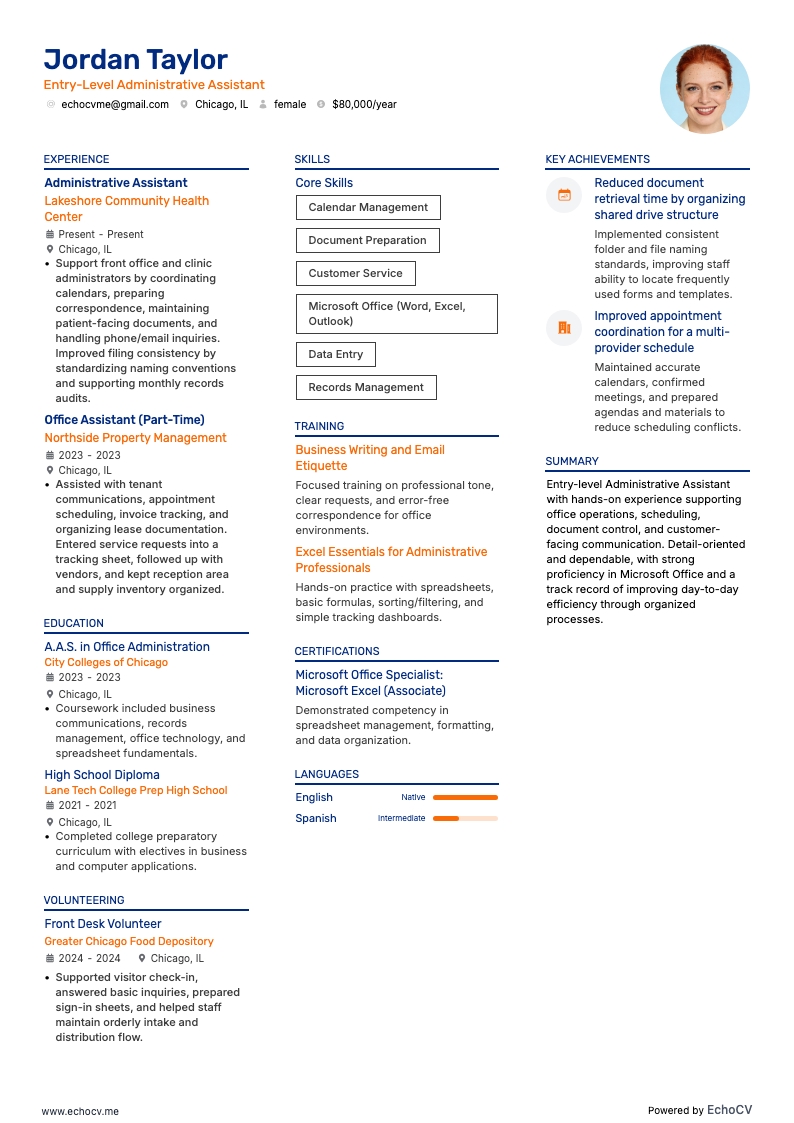 Entry-Level Administrative Assistant example resume
