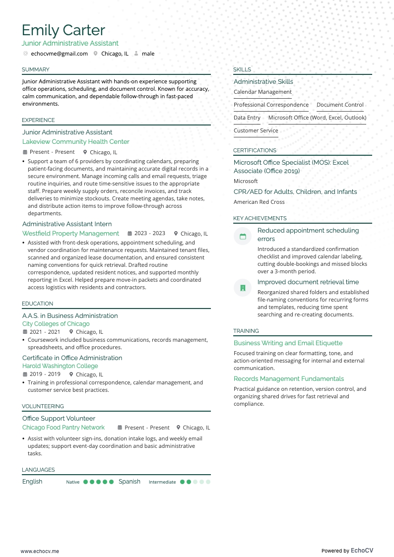 Junior Administrative Assistant example resume