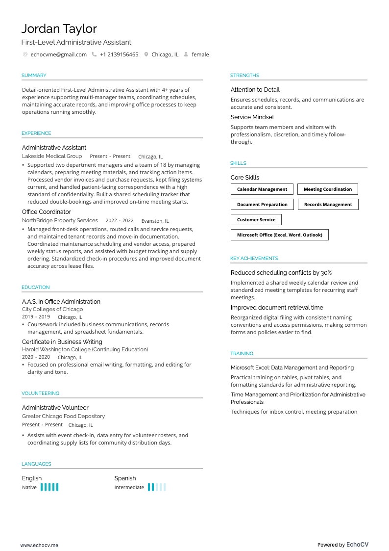 First-Level Administrative Assistant example resume
