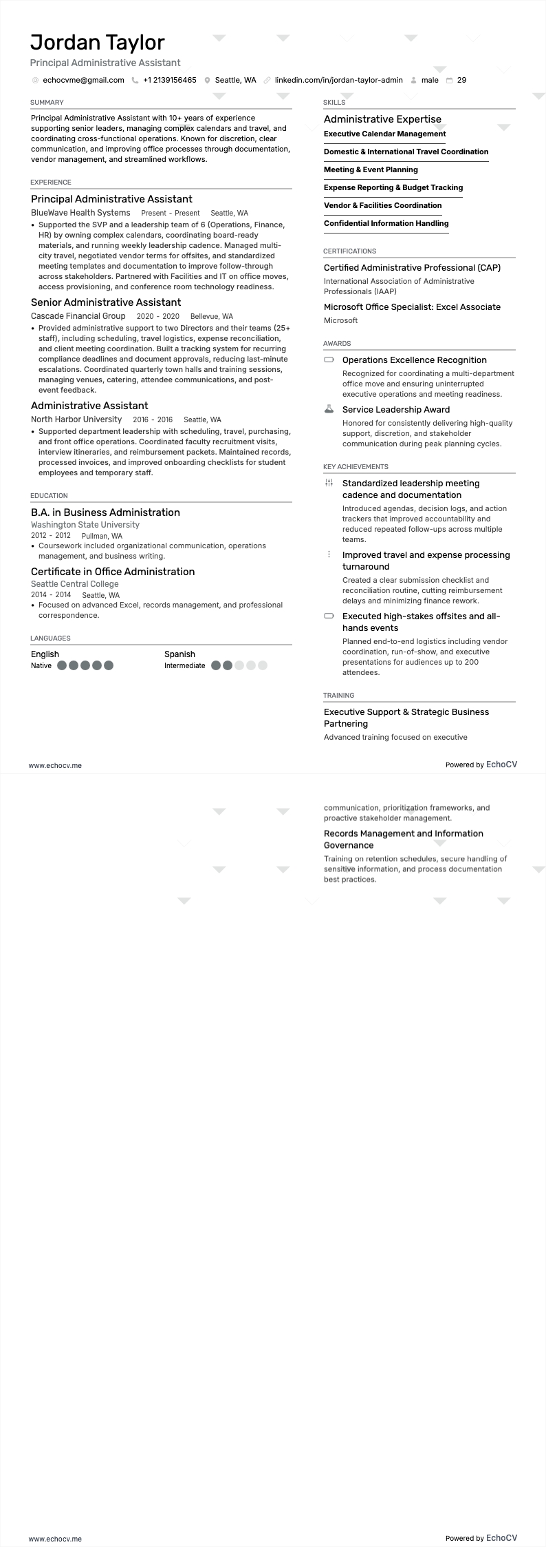 管理アシスタント resume example