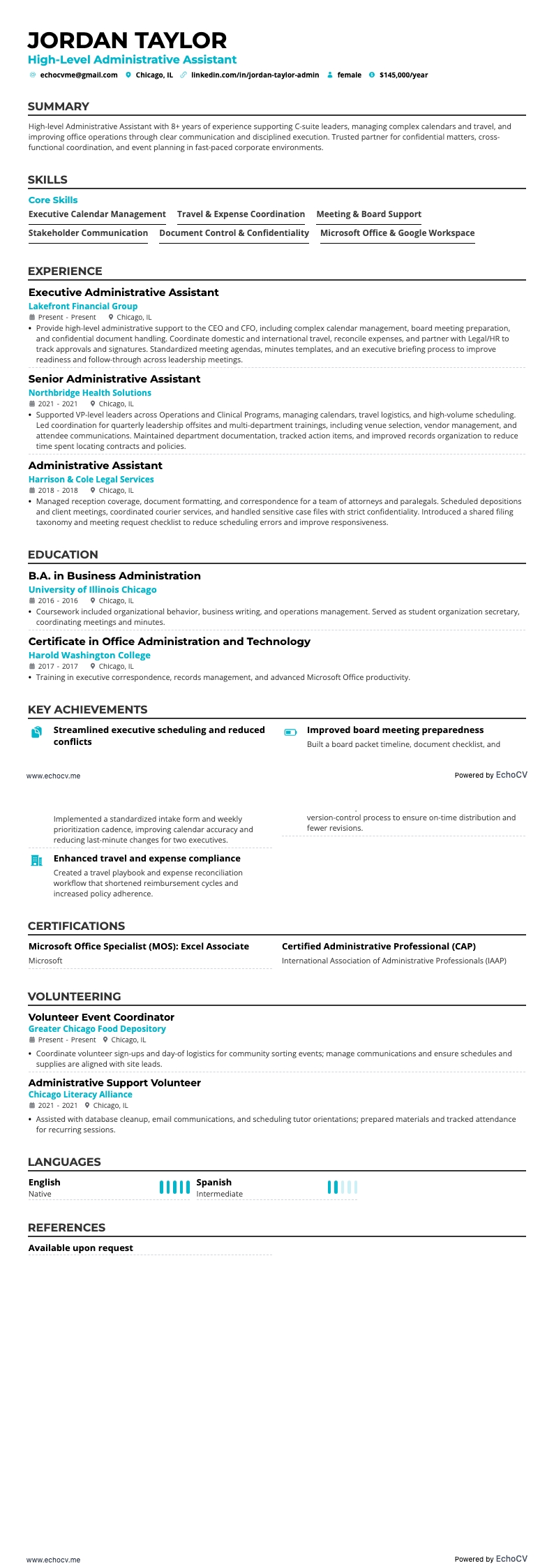 High-Level Administrative Assistant example resume