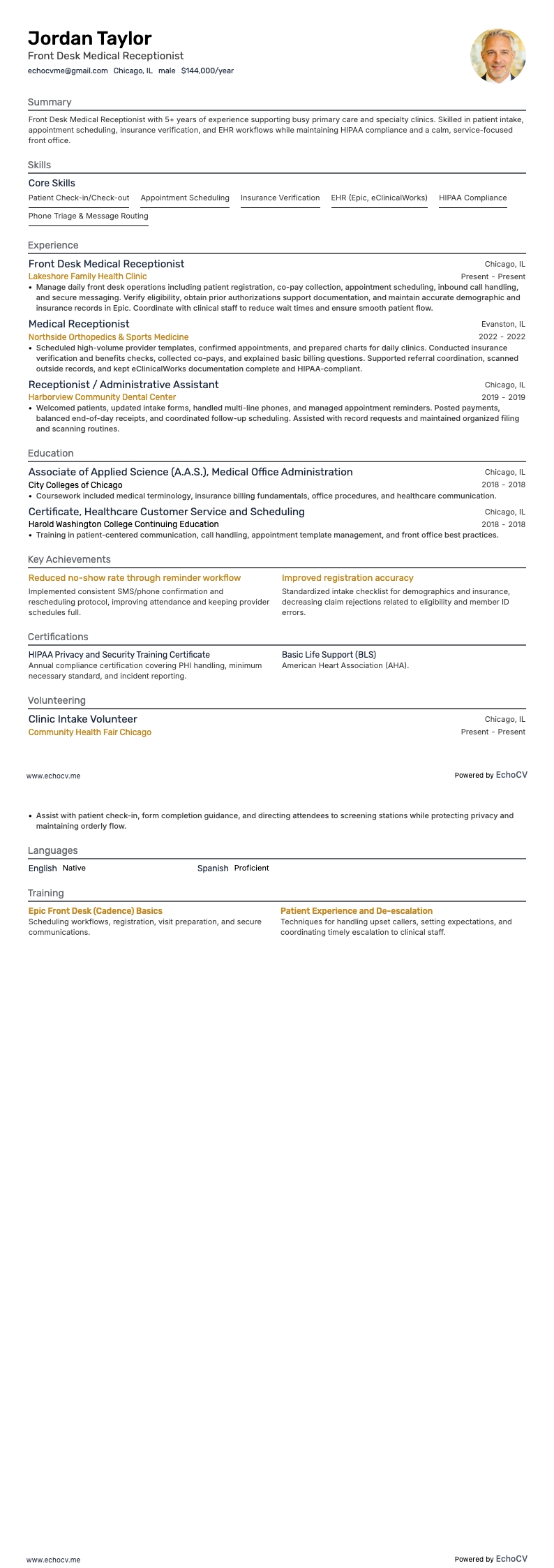 Front Desk Medical Receptionist example resume