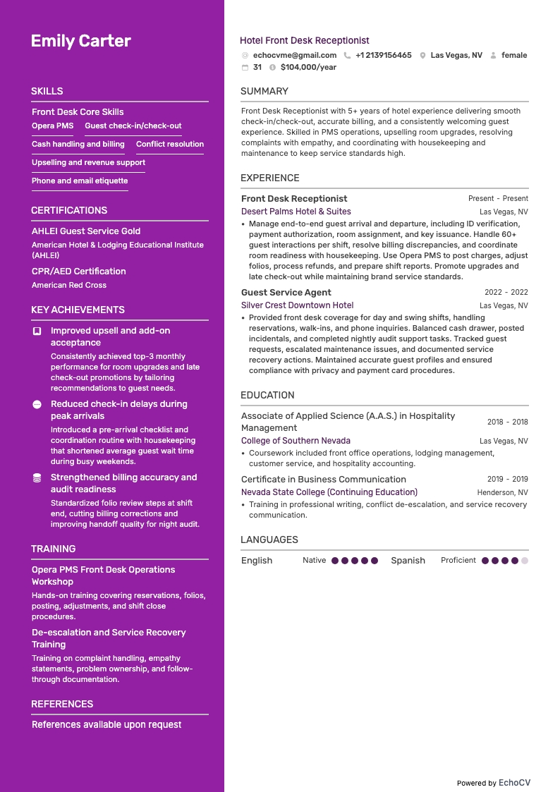 Hotel Front Desk Receptionist example resume