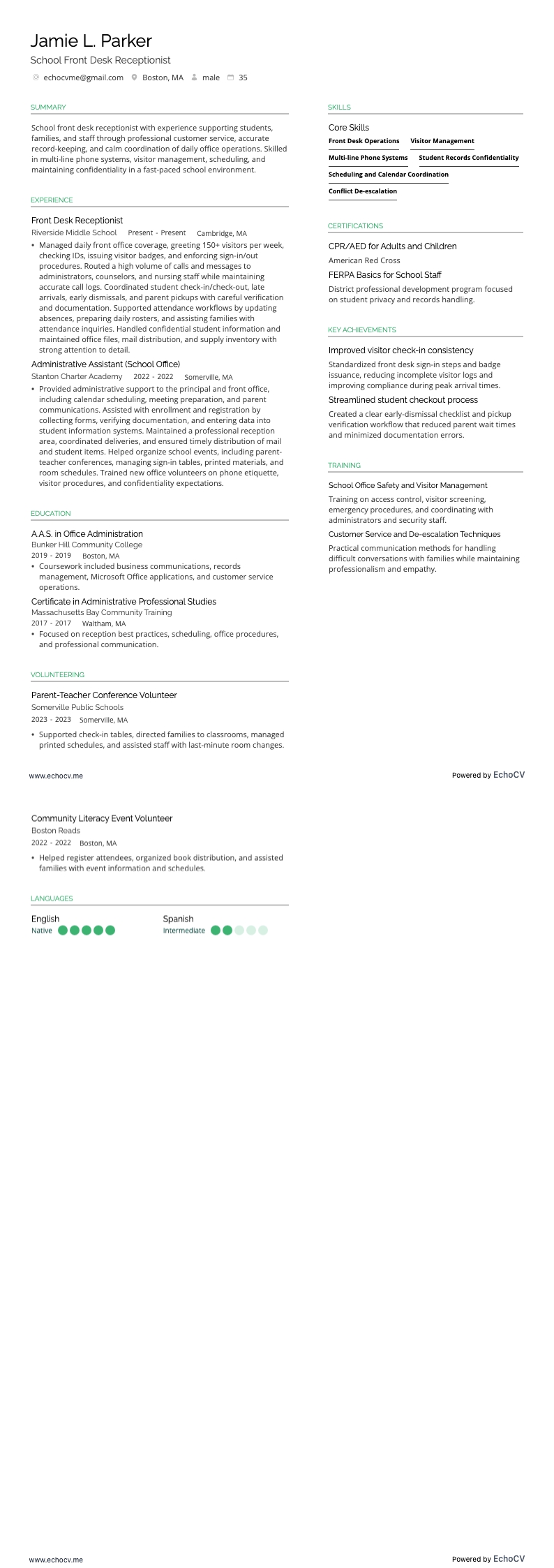 School Front Desk Receptionist example resume
