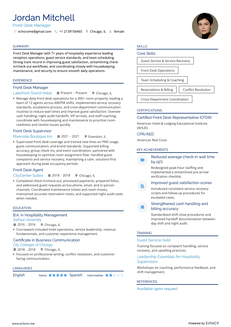 Front Desk Manager example resume