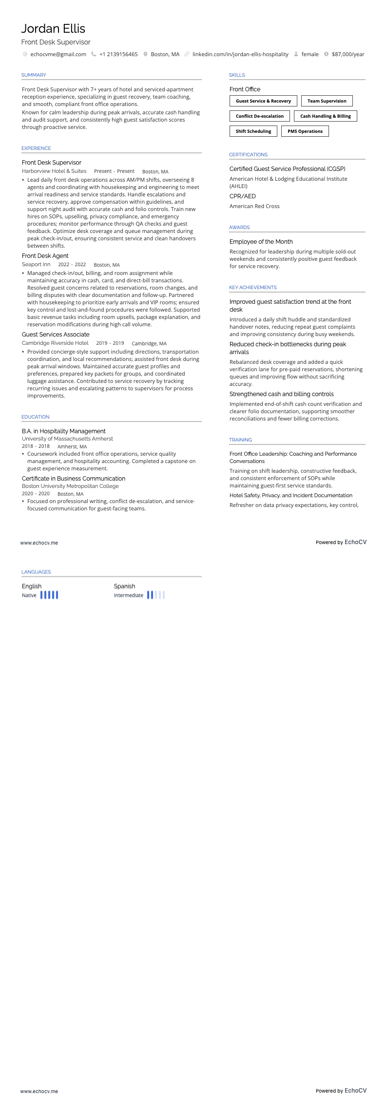Front Desk Supervisor example resume