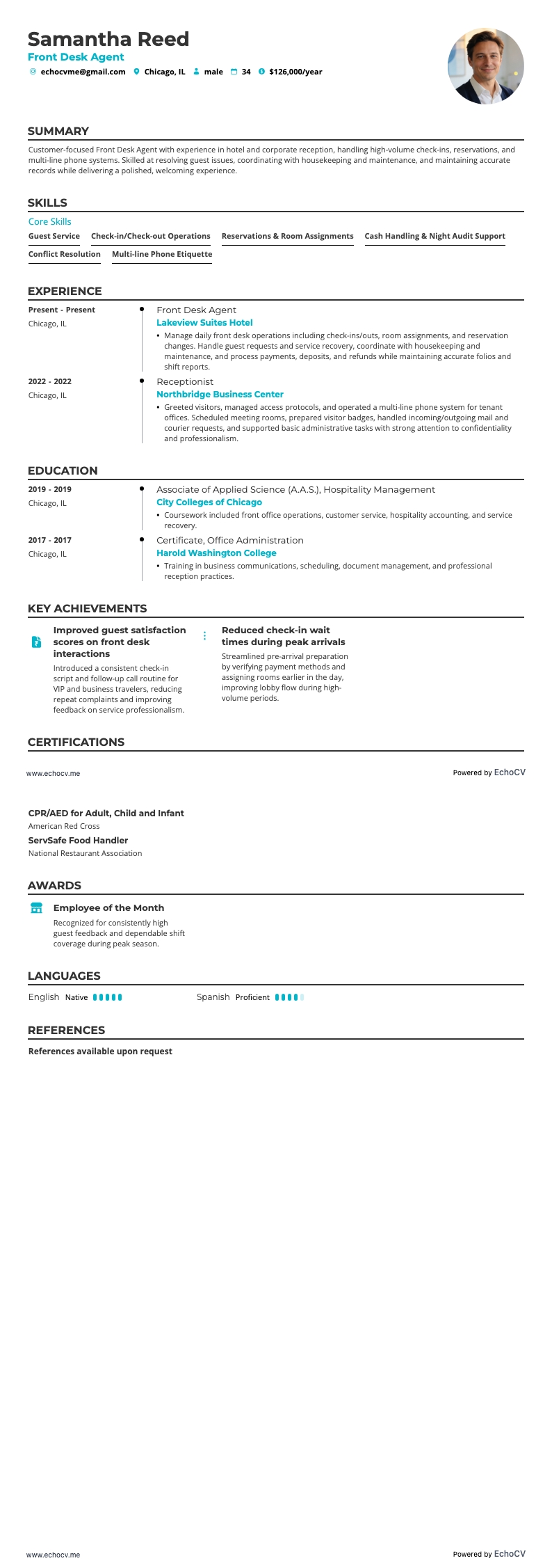 Front Desk Agent example resume