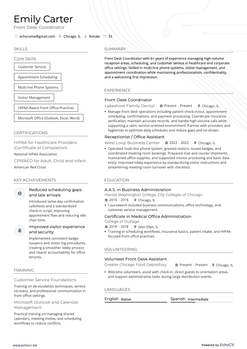 Front Desk Coordinator example resume